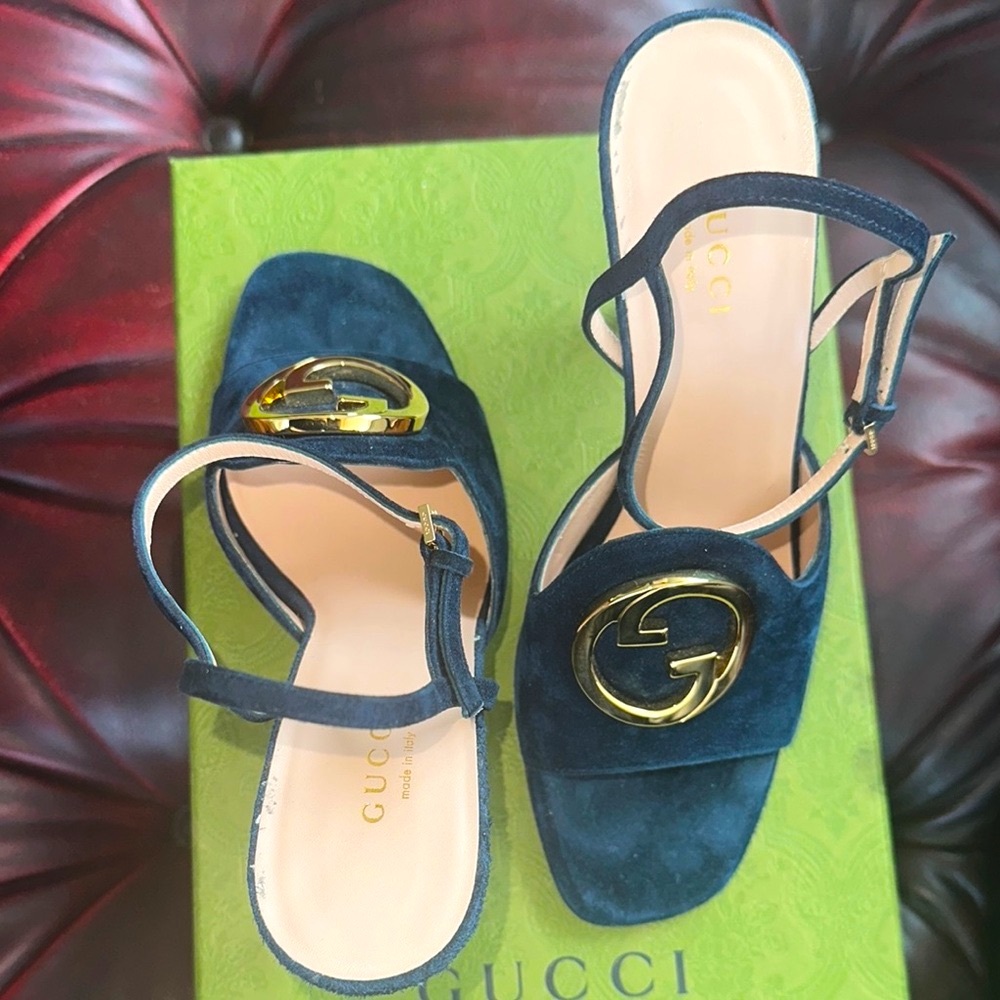GUCCI Blondie Logo Blue Suede Heels - Picture 10 of 11